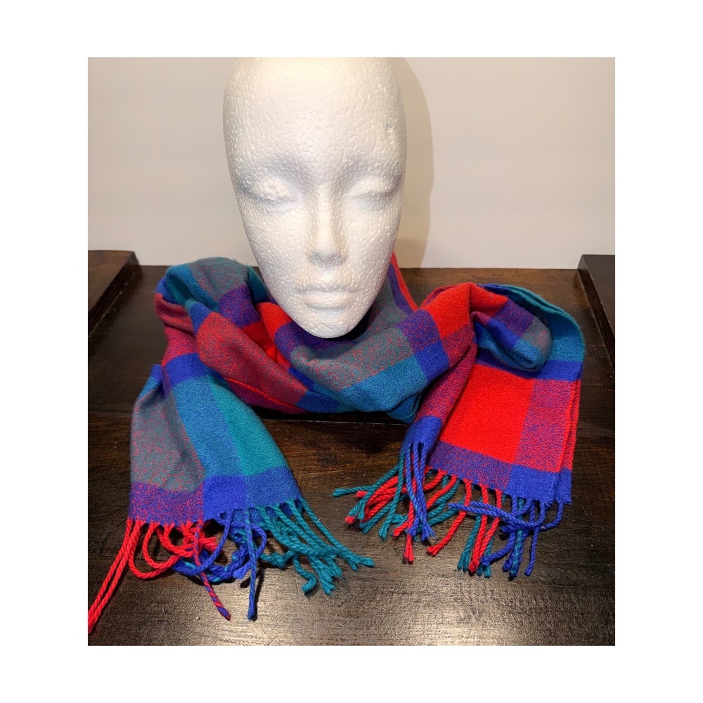 Cashmere Scarf Scotland Plaid Blue Red Green Fringe Winter Warm Accent